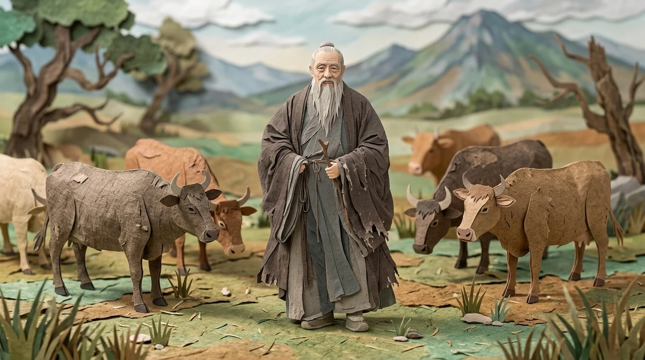 An old man herding cattle across a paper-cut hillside